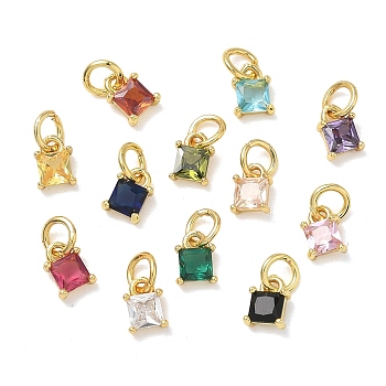 Brass Micro Pave Cubic Zirconia Pendants, Square Charms, Real 18K Gold Plated, Mixed Color, 6.5x5x3mm, Hole: 3mm