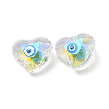 Transparent Glass Beads, with Enamel, Faceted, Heart with Evil Eye Pattern, Deep Sky Blue, 15.5x18.5x10mm, Hole: 1.6mm