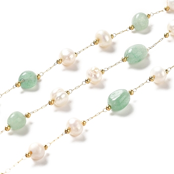 Natural Pearl & Green Aventurine Beaded Chains, with Stainless Steel Findings, Long-Lasting Plated, Soldered, Golden, 5~9.5x4~8x2~5mm, 4~6x5.5~8mm