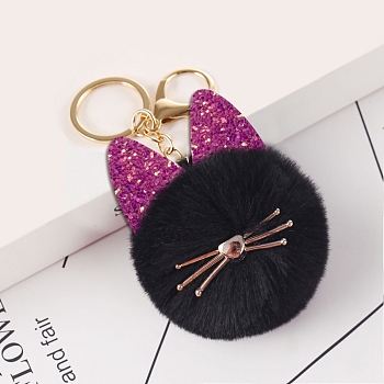 Faux Fur Cat Pendant Keychain, Cute Glitter Kitten Golden Tone Alloy Key Ring Ornament, Black, 15x8cm