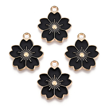 Alloy Enamel Pendants, Sakura Flower, Light Gold, Black, 20.5x17.5x1.5mm, Hole: 2mm