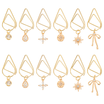 12Pcs 6 Style Flower/Snowflake/Bowknot Brass Micro Cubic Zirconia Charm Bookmarks, Teardrop Stainless Steel Paper Clips, Golden, 34~46mm, 2pcs/style