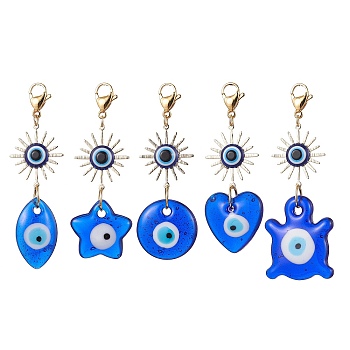 Glass Mixed Shapes with Evil Eye & Brass Sun Pendant Decorations, with 304 Stainless Steel Lobster Claw Clasps, Blue, 72~76mm