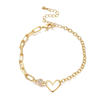 Heart Brass Micro Pave Clear Cubic Zirconia Cable Chain Bracelets For Women Girl, Real 18K Gold Plated, 6-7/8 inch(17.6cm)