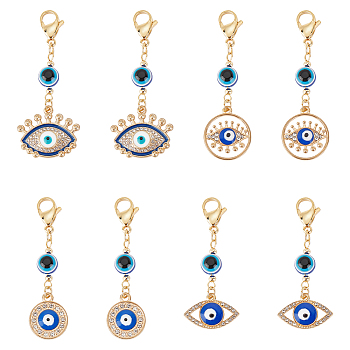 Unicraftale 8Pcs 4 Styles Evil Eye Alloy Enamel with Rhinestone Pendant Decoration, Resin Beads and 304 Stainless Steel Lobster Claw Clasps, Eye/Flower/Flat Round, Mixed Shapes, 51~59mm, 2pcs/style