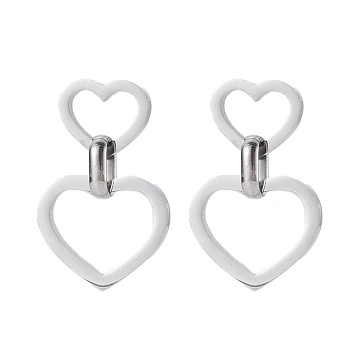 304 Stainless Steel Double Heart Dangle Stud Earrings for Women, Stainless Steel Color, 38mm, Pin: 0.7mm