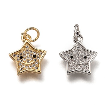 Brass Micro Pave Clear Cubic Zirconia Charms, Cadmium Free & Lead Free, Long-Lasting Plated, Star with Smiling Face, Mixed Color, 13x11x1.5mm, Hole: 3mm