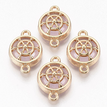 Glass Links connectors, with Light Gold Plated Alloy Findings, Flat Round with Helm, Pearl Pink, 13.5x19.5x6.5mm, Hole: 1.6mm