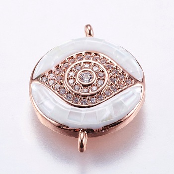 Brass Micro Pave Cubic Zirconia Links, with White Shell, Eye, Rose Gold, 20.5x16x4mm, Hole: 1mm