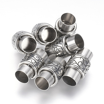 304 Stainless Steel Magnetic Clasps with Glue-in Ends, Column, Antique Silver, 20x12mm, Hole: 8mm