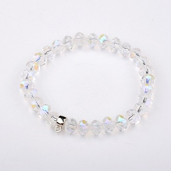 Glass Rondelle Bead Stretch Bracelets, with Antique Silver Plated Alloy Findings, Clear, 50mm