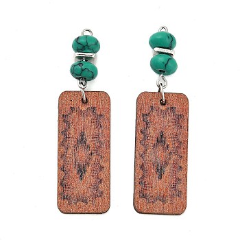 Natural Turquoise with Poplar Wood Big Pendants, Rectangle Charms, 54.5x14.8x7.8mm, Hole: 1.8mm