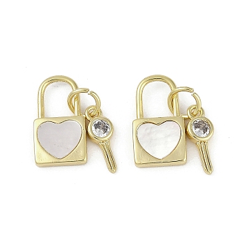 Brass Pave Natural Shell Charms, Clear Cubic Zirconia Key & Lock Charms, Real 18K Gold Plated, 14mm, Hole: 4mm