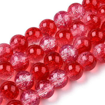 Transparent Crackle Baking Painted Glass Beads Strands, Imitation Opalite, Round, Crimson, 10x9.5mm, Hole: 1.4mm, about 80pcs/strand, 30.87 inch(78.4cm)