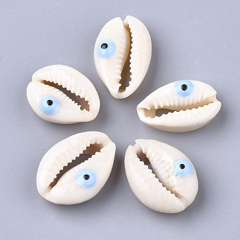 Cowrie Shell Beads, with Enamel, No Hole/Undrilled, Evil Eye, Light Sky Blue, 20~25x14~16x5~7mm