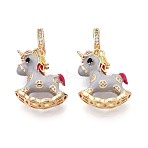 Brass Micro Pave Cubic Zirconia and Enamel Pendants, Unicorn Charms, Light Grey, Real 18K Gold Plated, 27.5x16.5x8mm, Hole: 4mm, Horse: 19x16.5x8(KK-T081-17G)