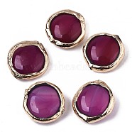 Natural Agate Beads, Light Gold Plated Polymer Clay Edge, Dyed, Flat Round, Medium Violet Red, 17~19x17~18x5~7mm, Hole: 1.2mm(G-S359-109A)