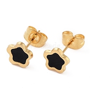 304 Stainless Steel Enamel with Glitter Stud Earrings, with 316 Stainless Steel Pin, Flower, Black, 7.5x7.5x2.5mm, Pin: 0.8mm(EJEW-B009-27G-01)