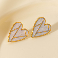 304 Stainless Steel Heart-shaped Stud Earrings, Vintage European American Earrings, Golden, White, 21x18mm(PH1793-2)