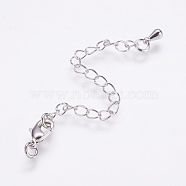 Long-Lasting Plated Brass Chain Extender, with Lobster Claw Clasps and Chain Extender Teardrop, Real Platinum Plated, 9.5x5x2.5mm, Hole: 2mm, Extend Chain: 68~70mm, ring: 4x0.8~1mm(KK-F711-10P)