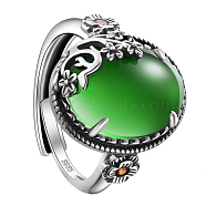 SHEGRACE 925 Sterling Silver Adjustable Rings, with Grade AAA Cubic Zirconia, Oval with Flower, Antique Silver, Green, US Size 9, Inner Diameter: 19mm(JR829F)