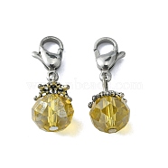 Electroplate Faceted Glass Pendants, with 304 Stainless Steel Lobster Claw Clasps, Round, Champagne Yellow, 25mm, Pendant: 14.5x9mm(HJEW-TAC0004-06)