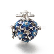 Alloy Crystal Rhinestone Bead Cage Pendants, Hollow Flower Charm, with Enamel, for Chime Ball Pendant Necklaces Making, Platinum, Prussian Blue, 34mm, Hole: 6x3mm, Bead Cage: 26x25x21mm, 18mm Inner Size(ENAM-M047-02P-C)