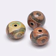 Tibetan Style 3-Eye dZi Beads, Natural Agate Beads, Dyed & Heated, Rondelle, Olive Drab, 14~15x10~12mm, Hole: 2.5~3mm(TDZI-G009-B38)