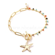 Brass Starfish Charm Bracelets, with Paperclip Chains, Glass Beads, Natural Pearl Beads and 304 Stainless Steel Toggle Clasps, Colorful, Golden, 7-5/8 inch(19.5cm)(BJEW-JB05807-01)