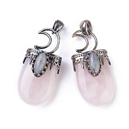 Natural Rose Quartz Pendants, with Brass Findings, Oval, Antique Silver, 44~46x20~21x16~17mm, Hole: 5x7mm(G-F639-09F)