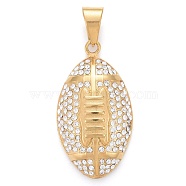 304 Stainless Steel Pendants, Sports Charms, with Crystal Rhinestone, Rugby Ball, Golden, 44.5x24.5x9mm, Hole: 8x11mm(STAS-K214-32G)