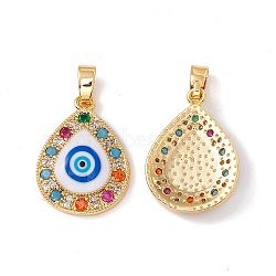 Brass Micro Pave Cubic Zirconia Pendants, with Resin Evil Eye, Teardrop Charm, Real 18K Gold Plated, 21x15x4mm, Hole: 5x2.5mm(KK-E068-VC068)