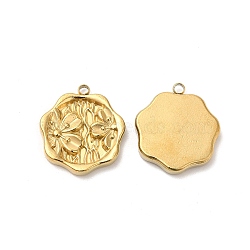 304 Stainless Steel Pendants, Hexagon with Flower Charm, Real 18K Gold Plated, 18x16x2.5mm, Hole: 1.6mm(X-STAS-H214-22G)