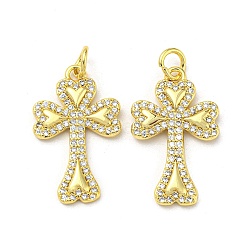 Brass with Cubic Zirconia Pendant, Cross, Real 16K Gold Plated, 22x13.5x2mm(FIND-Z023-08C)