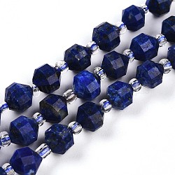 Natural Lapis Lazuli Beads Strands, with Seed Beads, Faceted, Bicone, Double Terminated Point Prism Beads, 5~7x6~6.5mm, Hole: 0.8mm, about 48pcs/strand, 15.55 inch(39.5cm)(G-O201B-25-1)