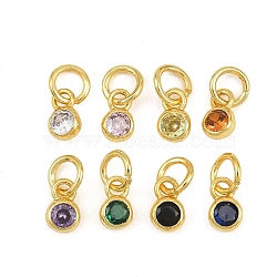 Brass Pave Cubic Zirconia Charms, Flat Round Charms, Single Stone Charms, Long-Lasting Plated, Rack Plating, Cadmium Free & Lead Free, Golden, Mixed Color, 7x4x2mm, Hole: 3.5mm(CU-CBA3D67-13G)