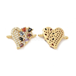 Brass Micro Pave Cubic Zirconia Connector Charms, Heart Links, Golden, Colorful, 14x18x3.5mm, Hole: 1.2mm(KK-H441-58G)