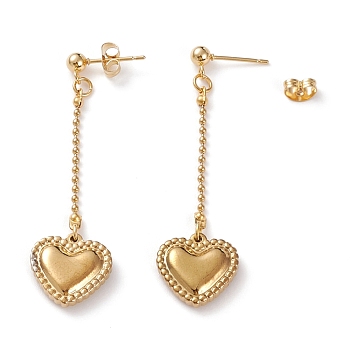 304 Stainless Steel Dangle Stud Earrings, with Ball Chains and Ear Nuts, Heart, Golden, 55mm, Pin: 0.7mm