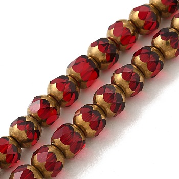 Transparent Electroplate Glass Beads Strands, Half Golden Plated, Faceted, Round, FireBrick, 8mm, Hole: 1mm, about 40pcs/strand, 11.42 inch(29cm)