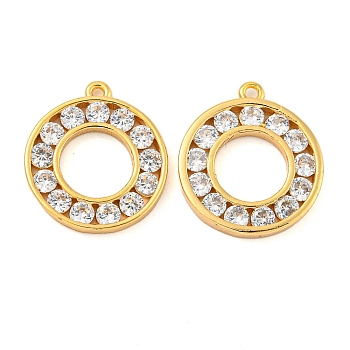 Brass Clear Cubic Zirconia Pendants, Ring, Real 18K Gold Plated, 16.5x15x2mm, Hole: 1~1.2mm
