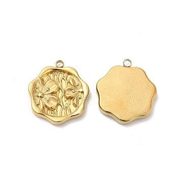 304 Stainless Steel Pendants, Hexagon with Flower Charm, Real 18K Gold Plated, 18x16x2.5mm, Hole: 1.6mm