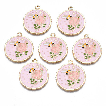 Rack Plating Alloy Enamel Pendants, Cadmium Free & Nickel Free & Lead Free, Light Gold, Flat Round with Flower, Pink, 28x25x1.5mm, Hole: 1.8mm
