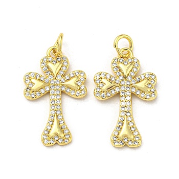 Brass with Cubic Zirconia Pendant, Cross, Real 16K Gold Plated, 22x13.5x2mm