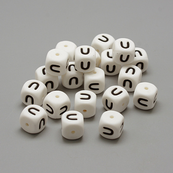 Food Grade Eco-Friendly Silicone Beads, Chewing Beads For Teethers, DIY Nursing Necklaces Making, Letter Style, Cube, White, 12x12x12mm, Hole: 2mm