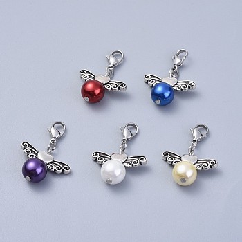 Glass Pearl Keychain, with 304 Stainless Steel Lobster Claw Clasps and Alloy Beads, Heart with Wing, Mixed Color, 33mm