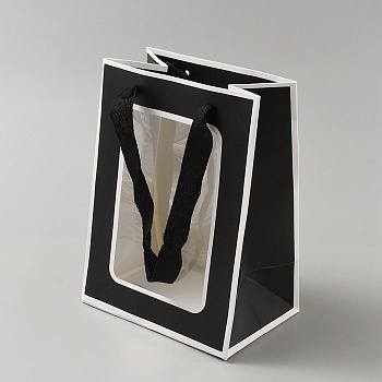 Paper Gift Storage Bags with Handle, Shopping Bags, Rectangle with Window, Black, 15x10x20cm