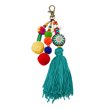 Bohemian Ethnic Style Pompom Ball Tassel Pendant Decorations, Alloy Swivel Clasp Hanging Ornament, Colorful, 200~210mm, 1pc/box