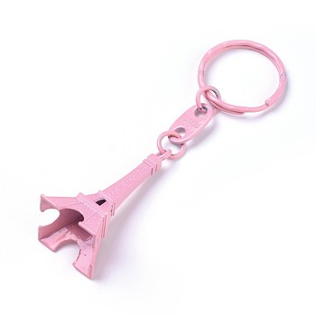 Alloy Keychain, with Iron Ring, Eiffel Tower, Pearl Pink, 98mm
