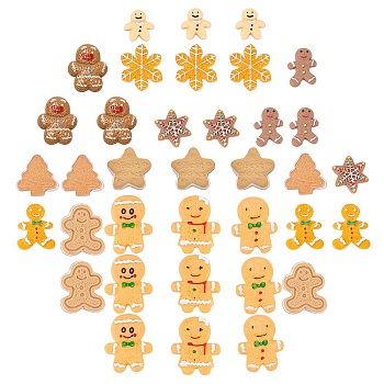 Resin Cabochons, for Christmas, Imitation Food Biscuits, Gingerbread Man, Leaf, Star, Christmas Tree, Snowman, Snowflake, Mixed Color, 25x21x5mm, 36pcs/box