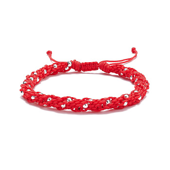 Nylon Braided Bead Bracelet, Adjustable Friendship Bracelet for Men Women, Red, Inner Diameter: 2-1/4 inch(5.8cm)~3-1/2 inch(8.8cm)